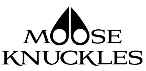 Logo for Moose Knuckles featuring the brand name in bold, stylized black letters. The two O’s in "MOOSE" are replaced with a black droplet-shaped moose antler design.