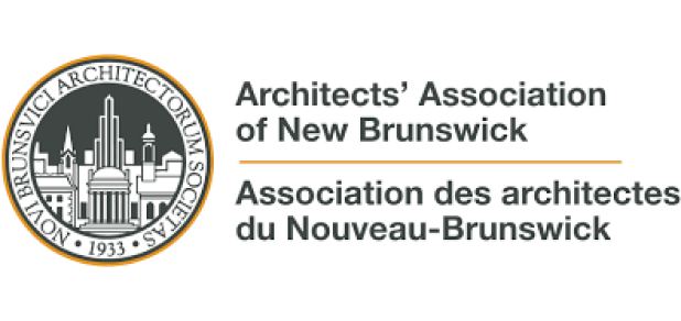 Logo of the Architects’ Association of New Brunswick, featuring a circular emblem with architectural elements and text in both English and French beside it.