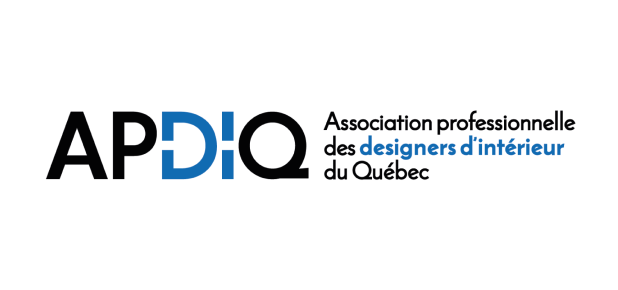 Logo of the Association professionnelle des designers d’intérieur du Québec (APDIQ), featuring the acronym "APDIQ" in bold black and blue letters, with the full name in smaller text to the right.