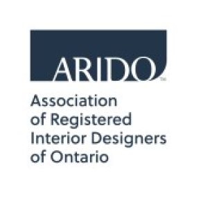 ARIDO logo with stylized text in a dark blue rectangle above the words "Association of Registered Interior Designers of Ontario" in matching blue font on a white background.