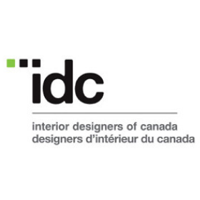Logo for Interior Designers of Canada (IDC) with the acronym "idc" in bold black letters and green squares above the "i." Below, the full organization name appears in English and French.