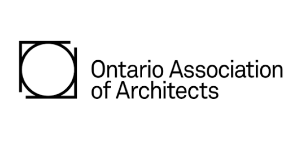 Logo of the Ontario Association of Architects, featuring a geometric design with a partial circle inside a square on the left, and the organization's name in black text on the right.