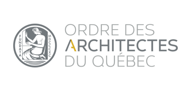 Logo of Ordre des Architectes du Québec, featuring a circular emblem with a seated figure and text “FUNDATA MDCCCXC.” To the right, the organization’s name appears in uppercase grey and gold letters.
